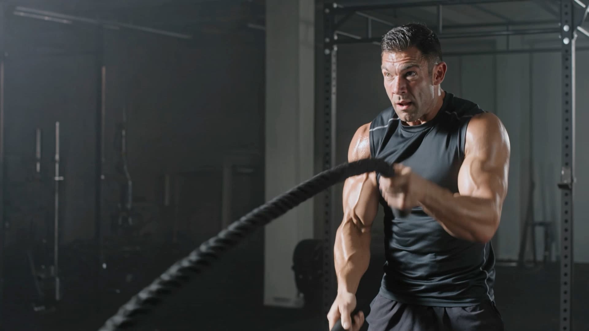 An athlete driving battle ropes through a set in a low-lit training hall.